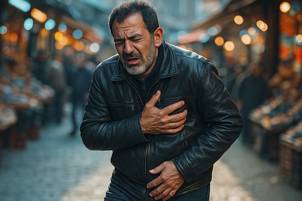 мужчина в чёрной куртке приложил руку к сердцу